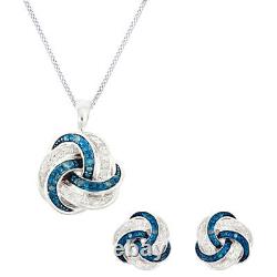 1/10 Ct Blue & White Diamond Sterling Silver Love Knot Pendant & Earrings Set