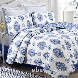 100% Cotton Paisley Leaf Medallion Navy Blue White Reversible Quilt Bedding Set