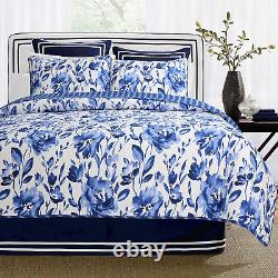 100% Cotton Paisley Leaf Medallion Navy Blue White Reversible Quilt Bedding Set