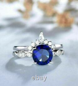 14k White Gold Plated 3 Ct Round Simulated Blue Sapphire Bridal Set Pretty Ring