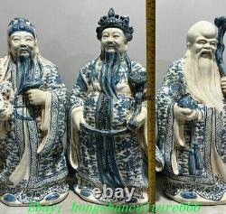 18.8'' Old China Blue White Porcelain 3 Longevity God Fu Lu Shou Life Statue Set