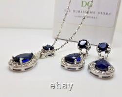 18ct white gold finish blue sapphire created diamond necklace earring set NEW