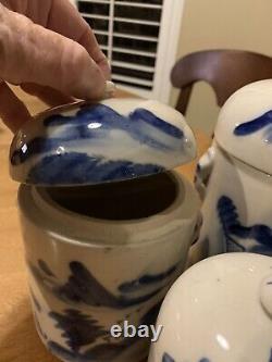 1940s Chinese Celadon Blue & White Tea Caddies, Set Of 3
