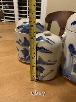1940s Chinese Celadon Blue & White Tea Caddies, Set Of 3