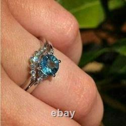 2.50Ct Round Simulated Blue Topaz Women's Guard Set Ring 14K White Gold Plated