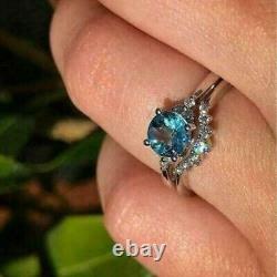 2.50Ct Round Simulated Blue Topaz Women's Guard Set Ring 14K White Gold Plated