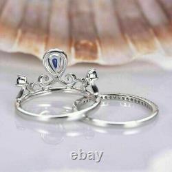 2 Ct Pear Blue Sapphire Lab Created Engagement Set 14K White Gold Plated Silver
