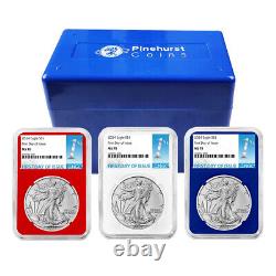 2024 $1 American Silver Eagle 3pc Set NGC MS70 FDI First Label Red White Blue