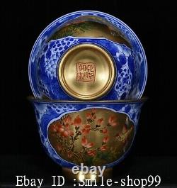 3.3 Old Qing Dynasty Blue White Porcelain Gild Flower Bird Teacup Cup Set