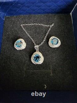 3.4 Carat London Blue White Topaz Silver Love Knot Earrings Necklace Gift Set