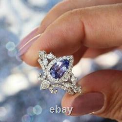 3.50 Ct Pear Cut Simulated Blue Tanzanite Bridal Set Ring 14k White Gold Plated