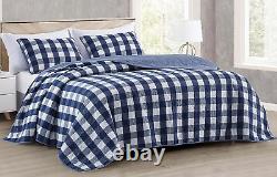 3-Piece Blue White Plaid Cotton Quilt Set Buffalo Check Solid Reversible Bedsp