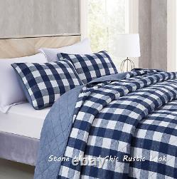 3-Piece Blue White Plaid Cotton Quilt Set Buffalo Check Solid Reversible Bedsp