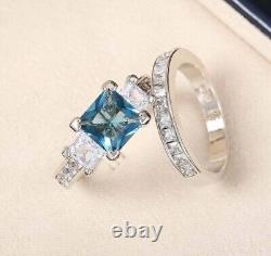 3Ct Princess Cut Simulated Blue Topaz Bridal Set Ring In 14K White Gold Plated