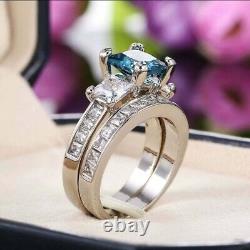 3Ct Princess Cut Simulated Blue Topaz Bridal Set Ring In 14K White Gold Plated