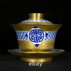 4Antique qing dynasty Porcelain qianlong mark 1set Blue white gilt covered bowl