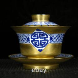 4Antique qing dynasty Porcelain qianlong mark 1set Blue white gilt covered bowl