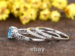 4CT Oval Cut Created Blue Topaz Bridal Band Trio Ring Set 14K White Gold Plated