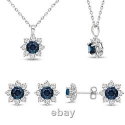 5.50 Carat London Blue White Topaz Silver Flower Earrings Necklace Gift Set