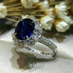 6.83CT Blue Oval & Round CZ Stone Claw Set Wedding Bridal Ring 14K White Gold