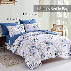 7 Pieces Blue Floral Bed in a Bag King, Botanical Comforter Set Reversible Blue