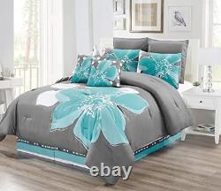 8 Piece Aqua Blue Grey White Floral Comforter Set King Size Bedding + Accent