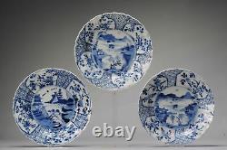 A Set of 3 Kangxi period Chinese Porcelain Landscape Blue white Plates. Top l