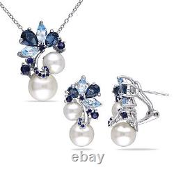 Amour Sterling Silver Cultured FW Pearl Blue Topaz Sapphire Necklace & Earrings