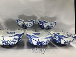 Antique Chinese Late Qing Dynasty Blue & White Qianlong Export Bowl Set of 5
