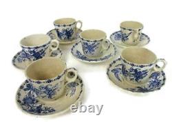 Antique Set of 6 cups and Saucers Heron Flowers Blue White HTF