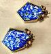 Art Glass Blue/white Stones Set In Gilded / Gold Clip Earrings Unsigned Beauties