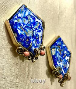 Art Glass Blue/White Stones Set In Gilded / Gold Clip Earrings Unsigned Beauties