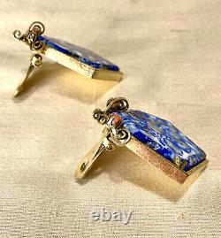 Art Glass Blue/White Stones Set In Gilded / Gold Clip Earrings Unsigned Beauties