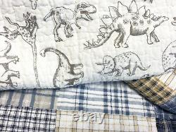 Benjamin Cute Dinosaur Plaid Navy Blue White Grey Bedding Quilt Set 100% Cotton