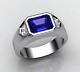 Bezel Set Blue Sapphire & White Cz In Solid 10k White Gold Men's Fashion Ring