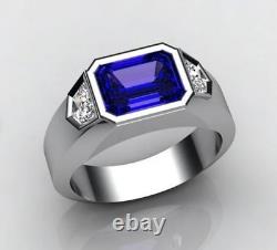 Bezel Set Blue Sapphire & White CZ In Solid 10K White Gold Men's Fashion Ring