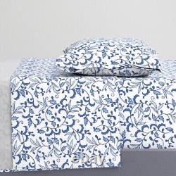 Blue White Botanical Delicate 100% Cotton Sateen Sheet Set by Spoonflower