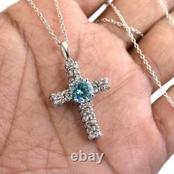 Blue & White Diamond Holy Cross Pendant Prong Set Diamond Crucifix Pendant