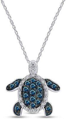 Blue & White Diamond Prong Set Turtle Pendant 14k Gold Plated Sterling Silver