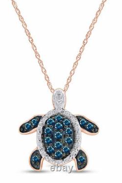 Blue & White Natural Diamond Prong Set Turtle Necklace 14k Rose Gold Plated