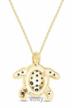 Blue & White Natural Diamond Prong Set Turtle Necklace 14k Yellow Gold Plated