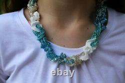Blue White and Silver Beaded Necklace and Bracelet Set Handmade