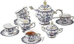 Bone China Tea Set for 6 Adults, 21 Piece and White Porcelain Serve for 6 Blue