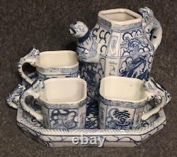 Chinese Blue And White Porcelain Tea Set With Salamander Handles