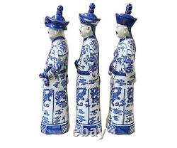 Chinese Blue White 3 Standing Ching Qing Emperor Kings Figure Set