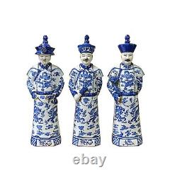Chinese Blue White 3 Standing Ching Qing Emperor Kings Figure Set ws2142