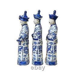 Chinese Blue White 3 Standing Ching Qing Emperor Kings Figure Set ws2142