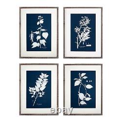 Contemporary Blue White Leaf Prints Set 4 Dramatic Botanical Modern Monochorme