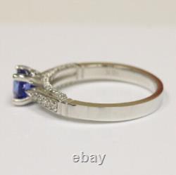 Cushion Blue Sapphire Prong Set Ring with diamond in 18K White Gold 8 Size