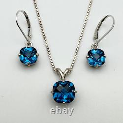 Cushion Cut Blue Topaz 3Ct Lab Created Women Necklace Set 14K White Gold Plated